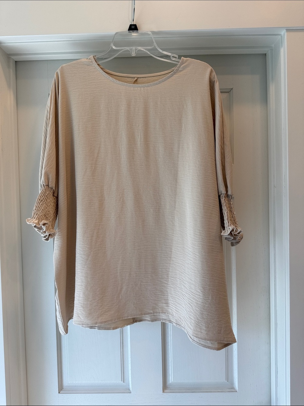 Neutral Beige Smocked Sleeve Women's Blouse - Relaxed Fit